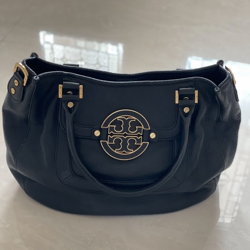 Tory Burch Black Leather Shoulder Bag with Gold Accents